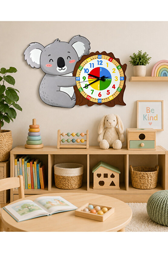 Montessori Eğitici Koala Temalı Çocuk Duvar Saati | Renkli Ahşap Saat – UV Baskı