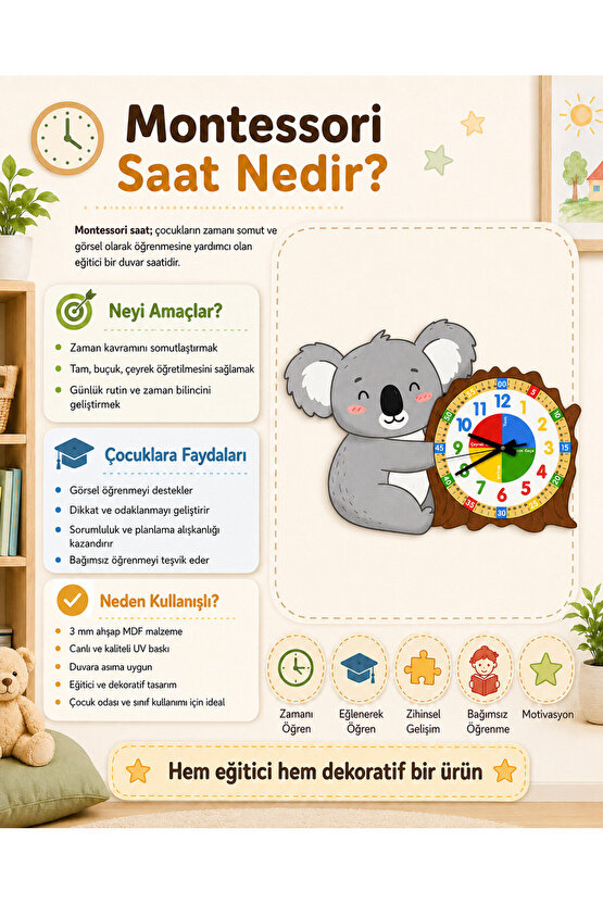 Montessori Eğitici Koala Temalı Çocuk Duvar Saati | Renkli Ahşap Saat – UV Baskı
