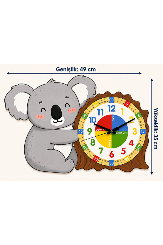 Montessori Eğitici Koala Temalı Çocuk Duvar Saati | Renkli Ahşap Saat – UV Baskı