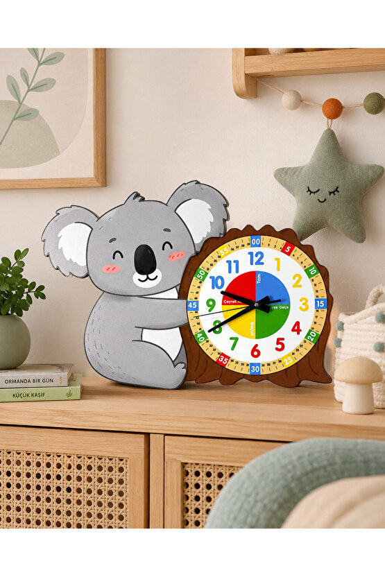Montessori Eğitici Koala Temalı Çocuk Duvar Saati | Renkli Ahşap Saat – UV Baskı