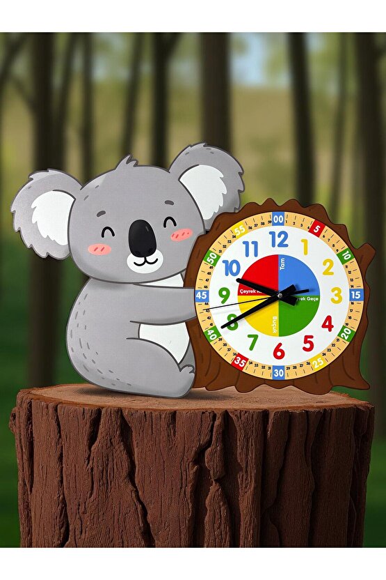 Montessori Eğitici Koala Temalı Çocuk Duvar Saati | Renkli Ahşap Saat – UV Baskı