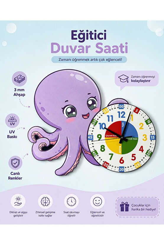 Montessori Eğitici Ahtapot Temalı Renkli Çocuk Duvar Saati | Ahşap Malzeme + UV Baskı
