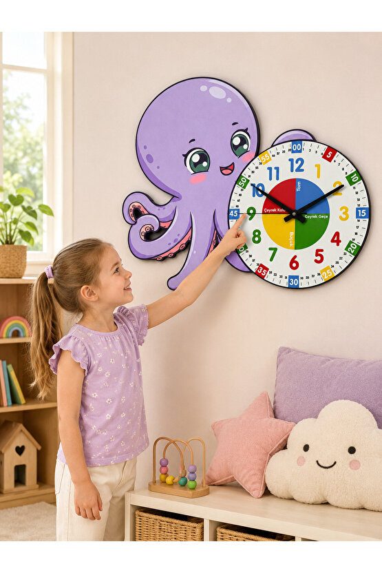 Montessori Eğitici Ahtapot Temalı Renkli Çocuk Duvar Saati | Ahşap Malzeme + UV Baskı