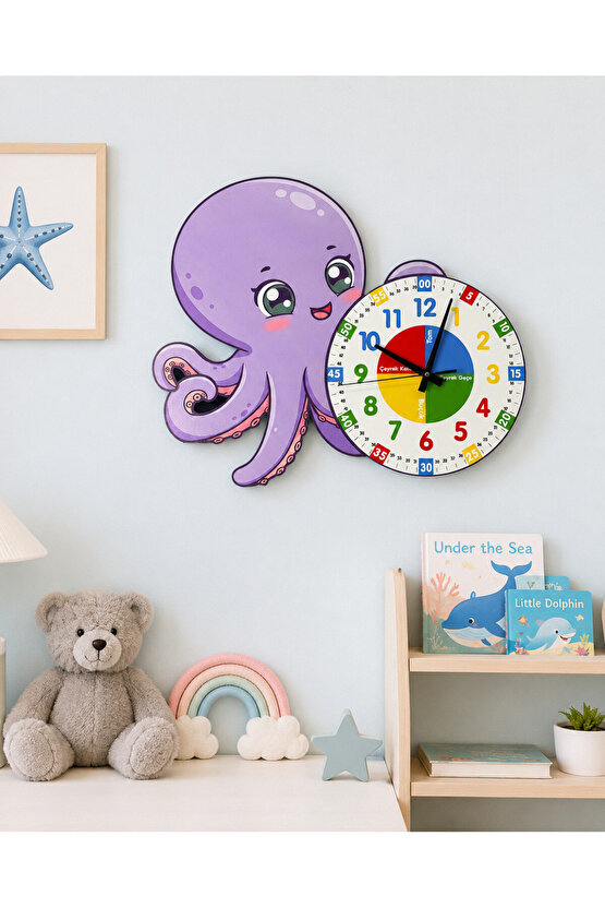 Montessori Eğitici Ahtapot Temalı Renkli Çocuk Duvar Saati | Ahşap Malzeme + UV Baskı