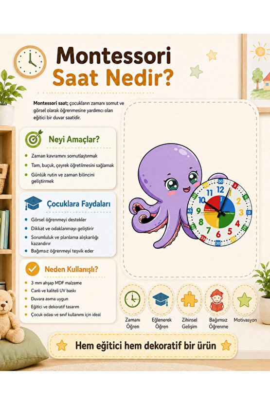Montessori Eğitici Ahtapot Temalı Renkli Çocuk Duvar Saati | Ahşap Malzeme + UV Baskı