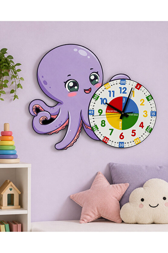 Montessori Eğitici Ahtapot Temalı Renkli Çocuk Duvar Saati | Ahşap Malzeme + UV Baskı