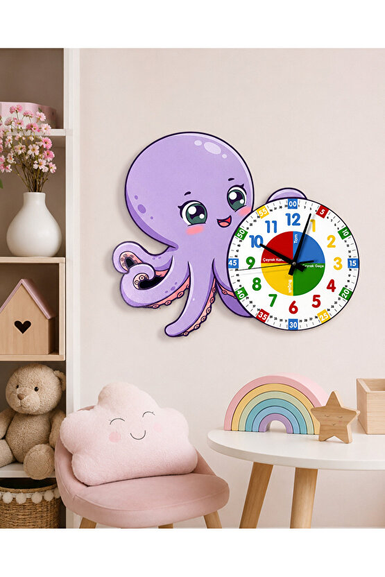 Montessori Eğitici Ahtapot Temalı Renkli Çocuk Duvar Saati | Ahşap Malzeme + UV Baskı