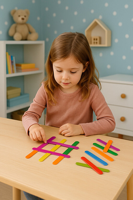 Stick Puzzle Eğitici Ahşap Çubuk Seti – 12 Parça Renkli Şekil Oyunu