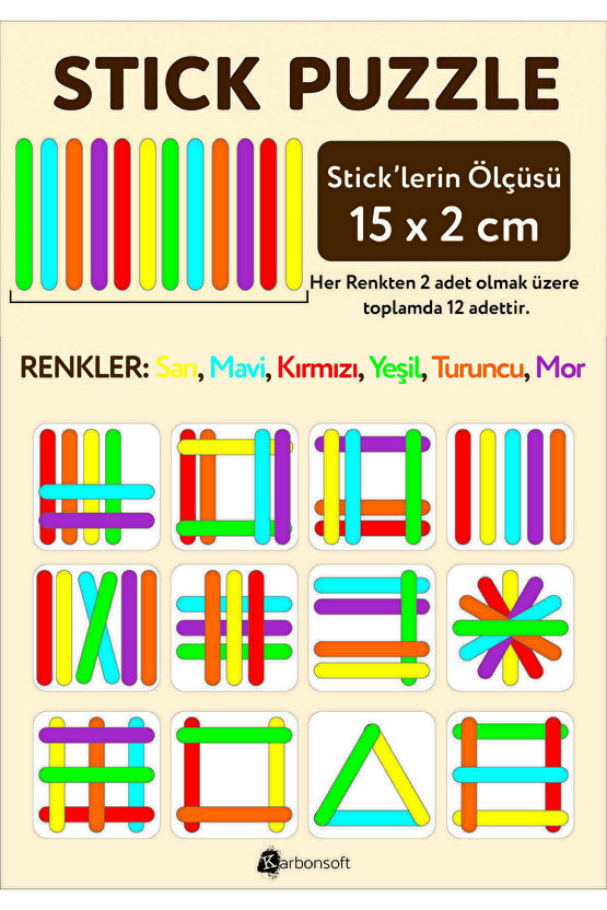 Stick Puzzle Eğitici Ahşap Çubuk Seti – 12 Parça Renkli Şekil Oyunu