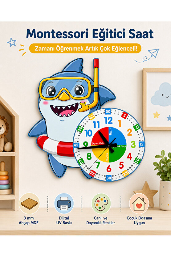 Sevimli Dalgıç Köpek Balığı Montessori Çocuk Odası Eğitici Ahşap Duvar Saati - Sessiz Mekanizma