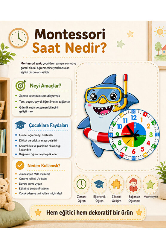 Sevimli Dalgıç Köpek Balığı Montessori Çocuk Odası Eğitici Ahşap Duvar Saati - Sessiz Mekanizma