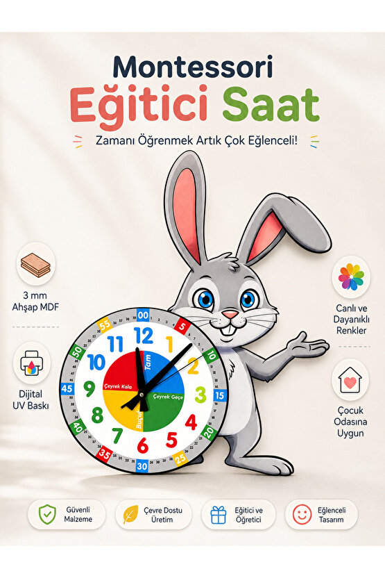 Sevimli Zeki Tavşan Montessori Çocuk Odası Eğitici Ahşap Duvar Saati - Sessiz Mekanizma, Eğitici