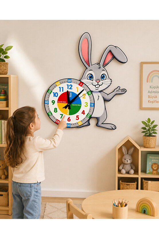 Sevimli Zeki Tavşan Montessori Çocuk Odası Eğitici Ahşap Duvar Saati - Sessiz Mekanizma, Eğitici