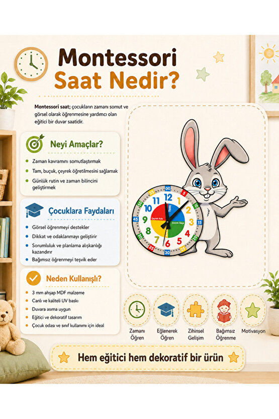 Sevimli Zeki Tavşan Montessori Çocuk Odası Eğitici Ahşap Duvar Saati - Sessiz Mekanizma, Eğitici