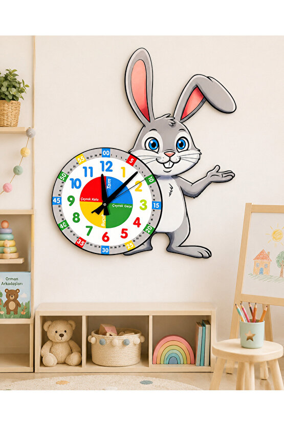 Sevimli Zeki Tavşan Montessori Çocuk Odası Eğitici Ahşap Duvar Saati - Sessiz Mekanizma, Eğitici