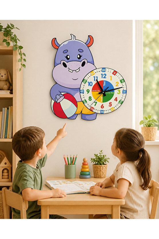 Sevimli Hipopotam Montessori Çocuk Odası Eğitici Ahşap Duvar Saati - Zamanı Eğlenceli Öğrenin!