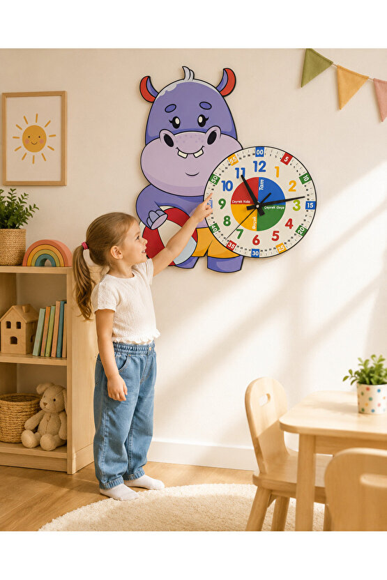 Sevimli Hipopotam Montessori Çocuk Odası Eğitici Ahşap Duvar Saati - Zamanı Eğlenceli Öğrenin!