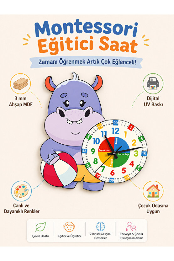 Sevimli Hipopotam Montessori Çocuk Odası Eğitici Ahşap Duvar Saati - Zamanı Eğlenceli Öğrenin!