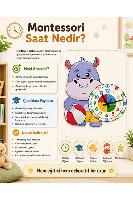 Sevimli Hipopotam Montessori Çocuk Odası Eğitici Ahşap Duvar Saati - Zamanı Eğlenceli Öğrenin!