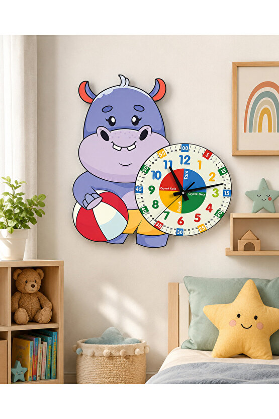 Sevimli Hipopotam Montessori Çocuk Odası Eğitici Ahşap Duvar Saati - Zamanı Eğlenceli Öğrenin!