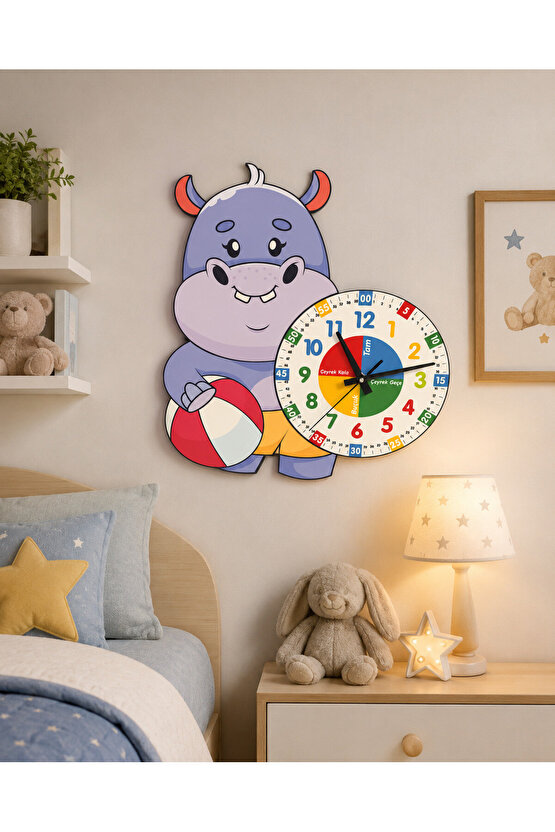 Sevimli Hipopotam Montessori Çocuk Odası Eğitici Ahşap Duvar Saati - Zamanı Eğlenceli Öğrenin!