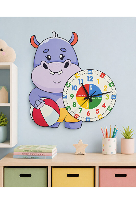 Sevimli Hipopotam Montessori Çocuk Odası Eğitici Ahşap Duvar Saati - Zamanı Eğlenceli Öğrenin!