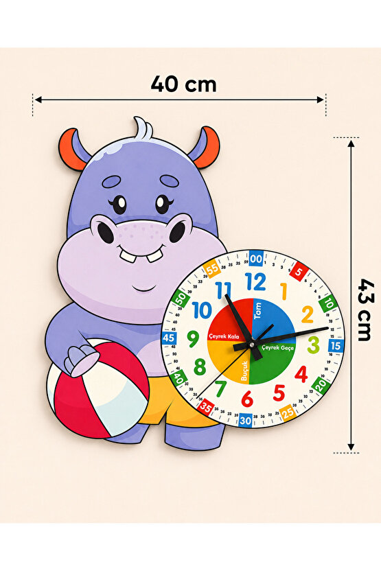 Sevimli Hipopotam Montessori Çocuk Odası Eğitici Ahşap Duvar Saati - Zamanı Eğlenceli Öğrenin!
