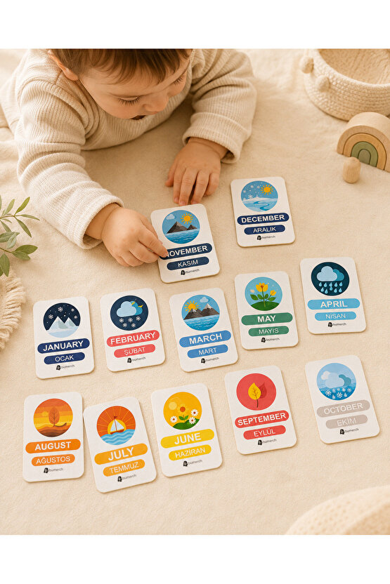 Ahşap İngilizce Türkçe Mevsim Kartları-Ingilizce Eğitim Seti Ingilizce Öğrenme Kartları Montessori