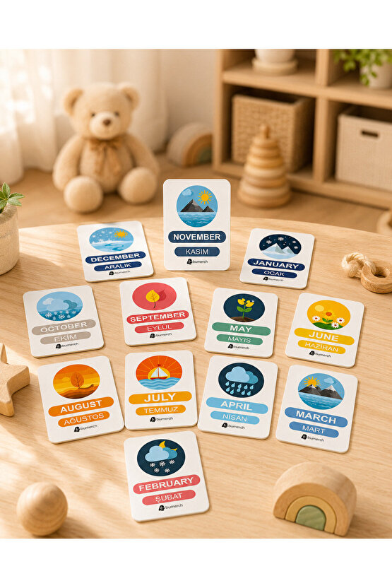 Ahşap İngilizce Türkçe Mevsim Kartları-Ingilizce Eğitim Seti Ingilizce Öğrenme Kartları Montessori