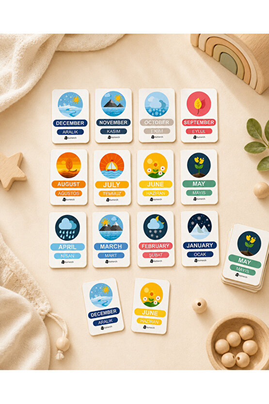 Ahşap İngilizce Türkçe Mevsim Kartları-Ingilizce Eğitim Seti Ingilizce Öğrenme Kartları Montessori