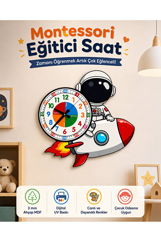 Sevimli Astronot Montessori Çocuk Odası Eğitici Ahşap Duvar Saati - Sessiz Mekanizma, Şık Tasarım