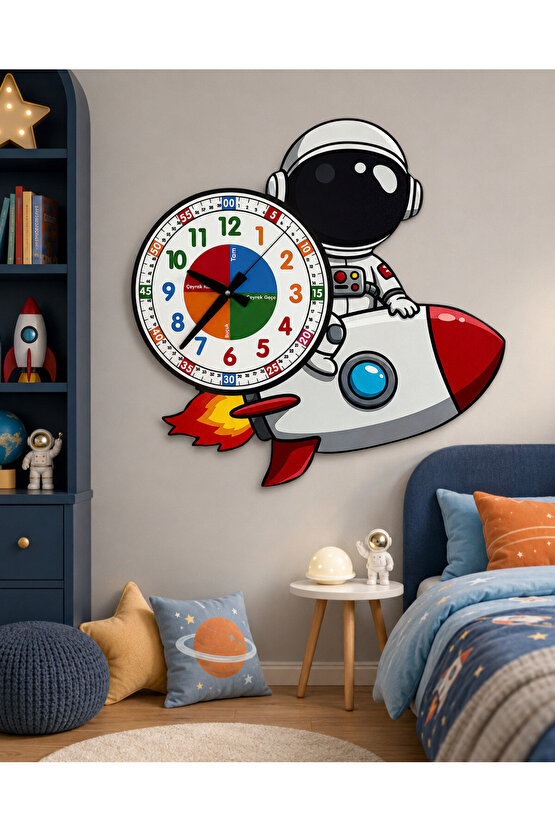 Sevimli Astronot Montessori Çocuk Odası Eğitici Ahşap Duvar Saati - Sessiz Mekanizma, Şık Tasarım