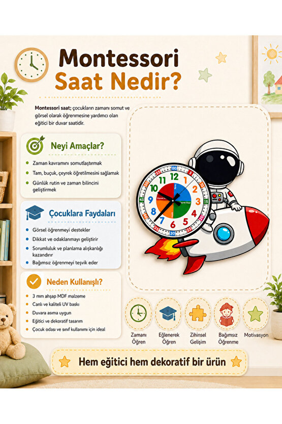 Sevimli Astronot Montessori Çocuk Odası Eğitici Ahşap Duvar Saati - Sessiz Mekanizma, Şık Tasarım