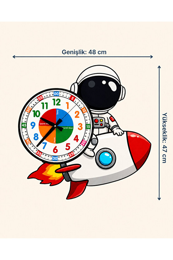 Sevimli Astronot Montessori Çocuk Odası Eğitici Ahşap Duvar Saati - Sessiz Mekanizma, Şık Tasarım