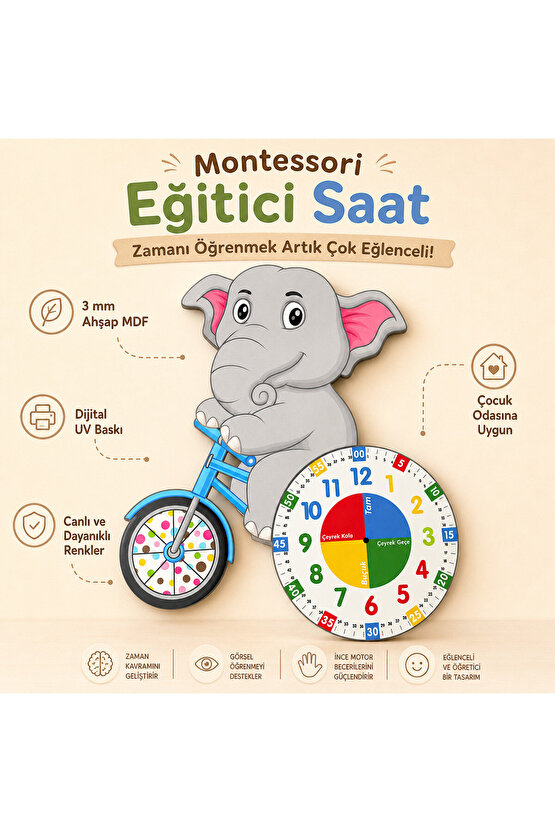 Sevimli Fil Betty Bisiklet Sürüyor Montessori Çocuk Odası Eğitici Ahşap Duvar Saati - Sessiz, Şık