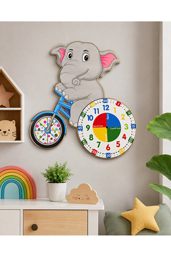 Sevimli Fil Betty Bisiklet Sürüyor Montessori Çocuk Odası Eğitici Ahşap Duvar Saati - Sessiz, Şık