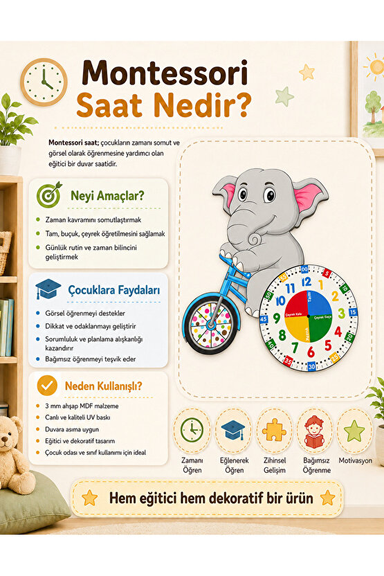 Sevimli Fil Betty Bisiklet Sürüyor Montessori Çocuk Odası Eğitici Ahşap Duvar Saati - Sessiz, Şık