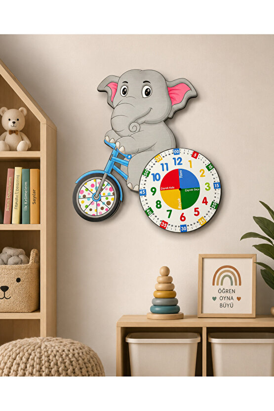 Sevimli Fil Betty Bisiklet Sürüyor Montessori Çocuk Odası Eğitici Ahşap Duvar Saati - Sessiz, Şık