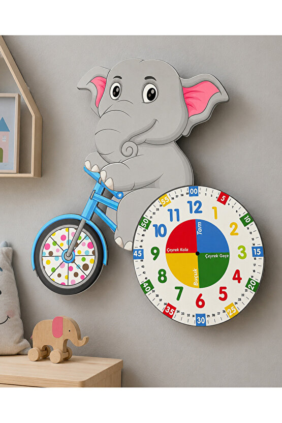 Sevimli Fil Betty Bisiklet Sürüyor Montessori Çocuk Odası Eğitici Ahşap Duvar Saati - Sessiz, Şık