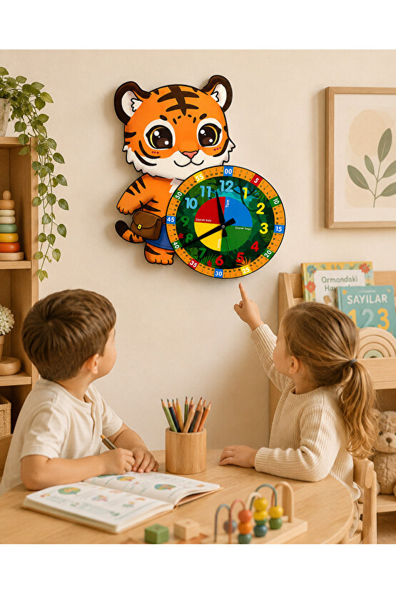 Sevimli Çantalı Kaplan Tiger Montessori Çocuk Odası Eğitici Ahşap Duvar Saati - Sessiz Mekanizma