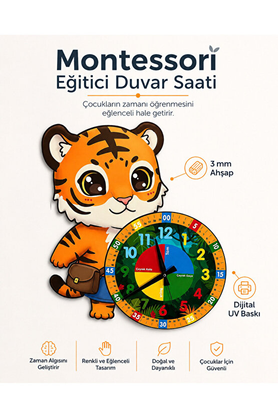Sevimli Çantalı Kaplan Tiger Montessori Çocuk Odası Eğitici Ahşap Duvar Saati - Sessiz Mekanizma