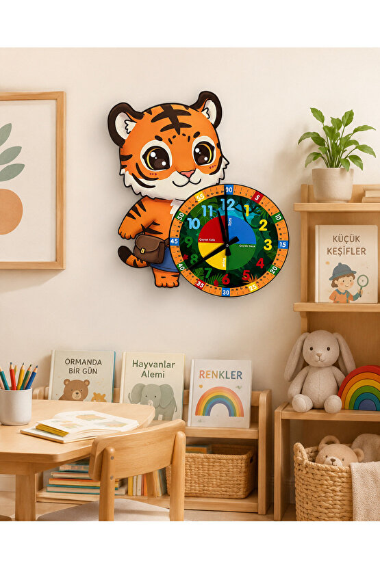 Sevimli Çantalı Kaplan Tiger Montessori Çocuk Odası Eğitici Ahşap Duvar Saati - Sessiz Mekanizma