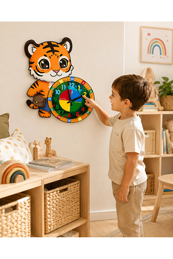 Sevimli Çantalı Kaplan Tiger Montessori Çocuk Odası Eğitici Ahşap Duvar Saati - Sessiz Mekanizma