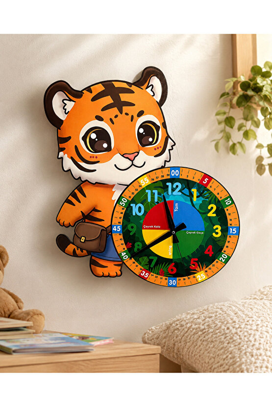 Sevimli Çantalı Kaplan Tiger Montessori Çocuk Odası Eğitici Ahşap Duvar Saati - Sessiz Mekanizma