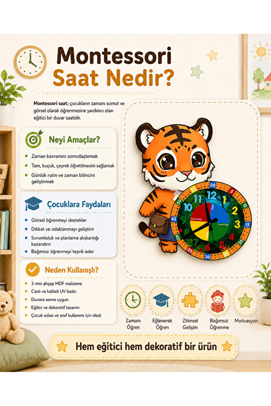 Sevimli Çantalı Kaplan Tiger Montessori Çocuk Odası Eğitici Ahşap Duvar Saati - Sessiz Mekanizma