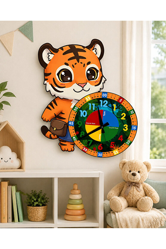 Sevimli Çantalı Kaplan Tiger Montessori Çocuk Odası Eğitici Ahşap Duvar Saati - Sessiz Mekanizma
