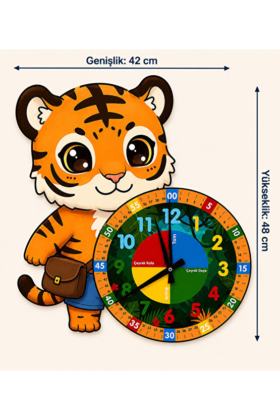 Sevimli Çantalı Kaplan Tiger Montessori Çocuk Odası Eğitici Ahşap Duvar Saati - Sessiz Mekanizma