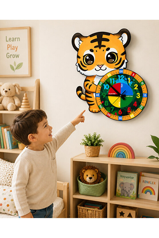 Sevimli Kaplan Tiger Montessori Çocuk Odası Eğitici Ahşap Duvar Saati - Sessiz, Şık Tasarım