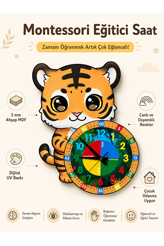 Sevimli Kaplan Tiger Montessori Çocuk Odası Eğitici Ahşap Duvar Saati - Sessiz, Şık Tasarım