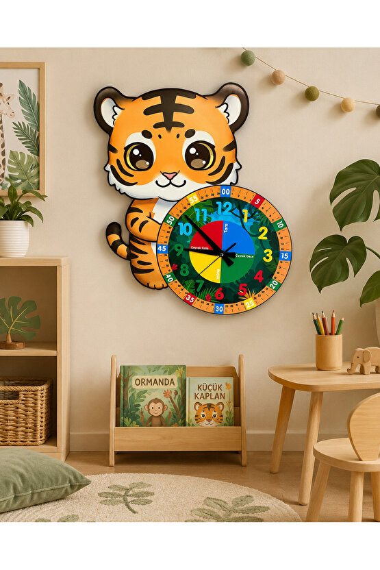 Sevimli Kaplan Tiger Montessori Çocuk Odası Eğitici Ahşap Duvar Saati - Sessiz, Şık Tasarım